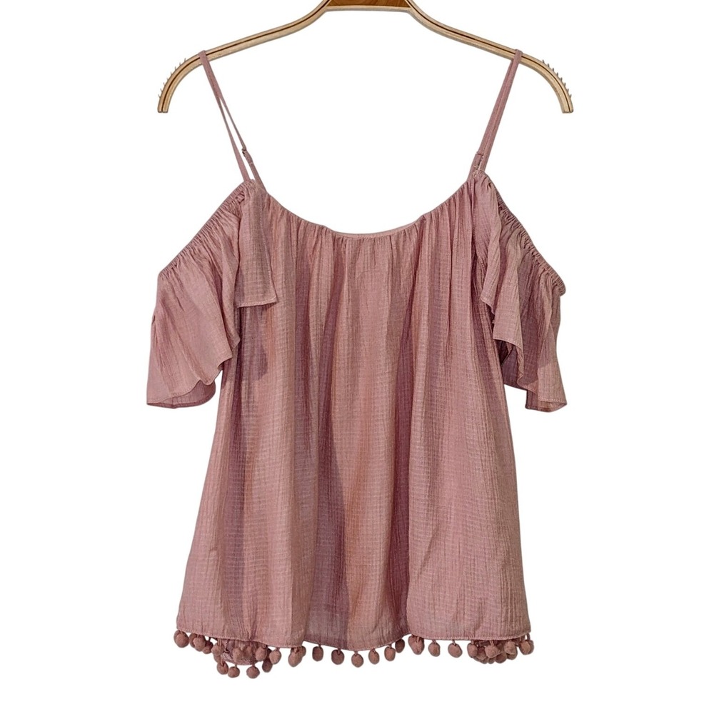 Lush Dusty Rose Cold‎ Shoulder Pom Pom Hem Blouse Small NWT
